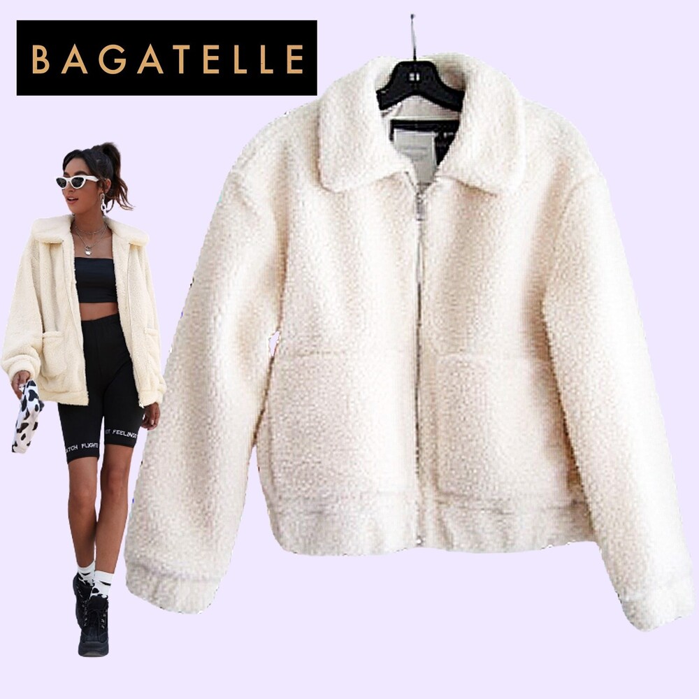 BAGATELLE NEW Faux Shearling Full Zip Patch Pocket Jacket Cream M NWT - Picture 1 of 12
